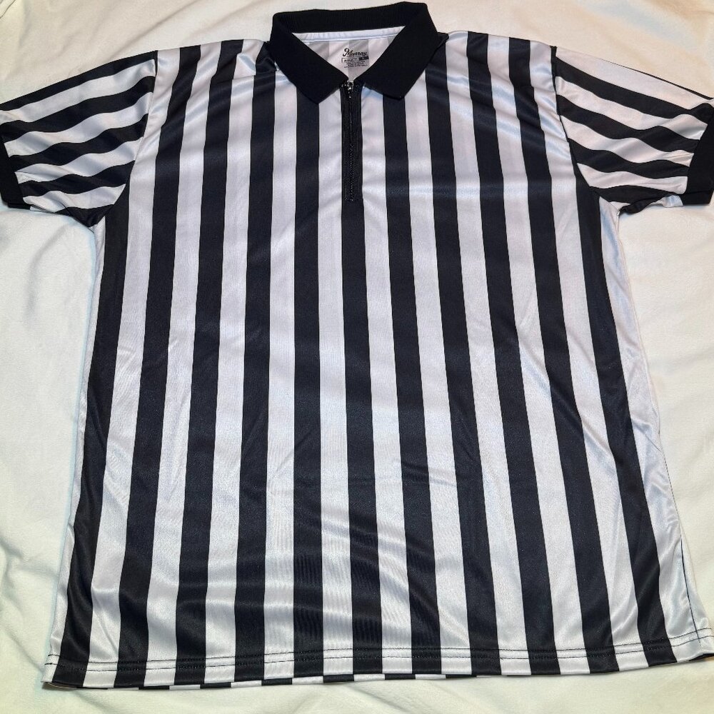 Murray Adult L Referee Shirt Black White Striped Zip Front Short Sleeve